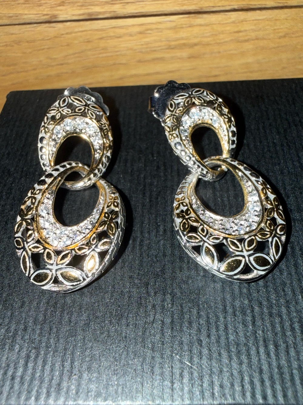 Sterling silver Elegant Black and Gold Linked Drop Earrings with Crystals